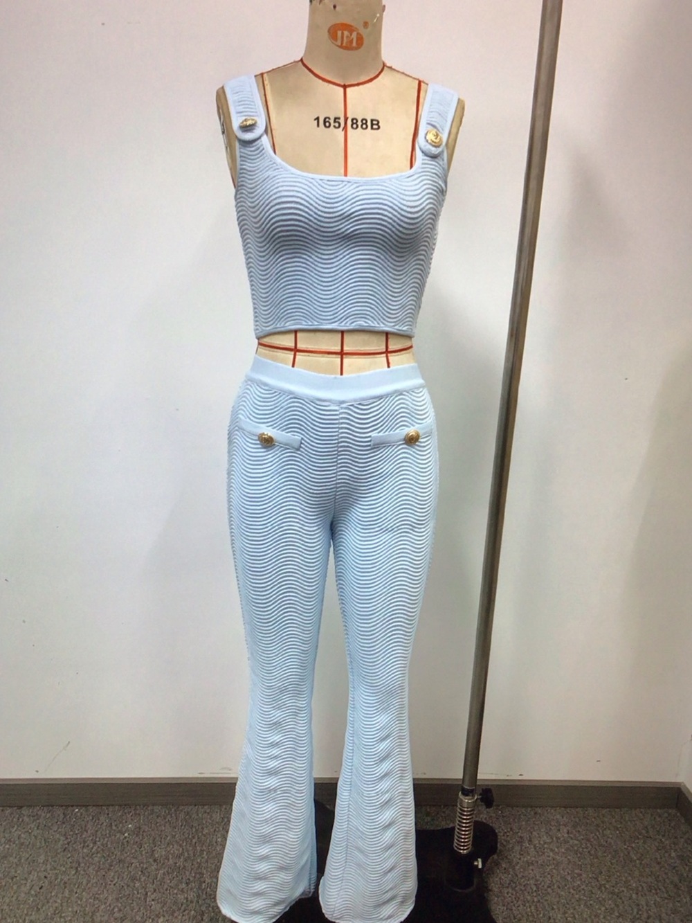 Light Blue Knit Crop Top & Flared Pants Set - Picture 5 of 6